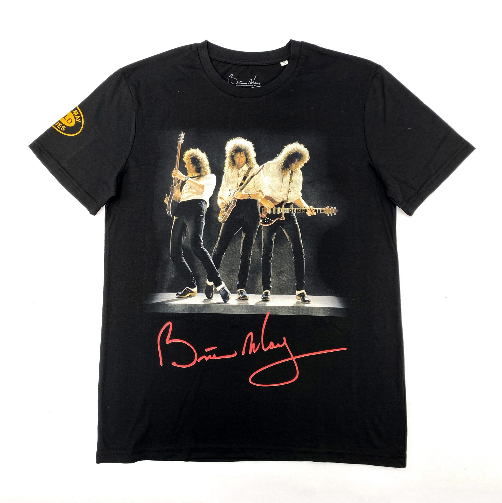 DTG printed Stanly Stella t-shirt with Brian May playing the guitar by Paul Bristow
