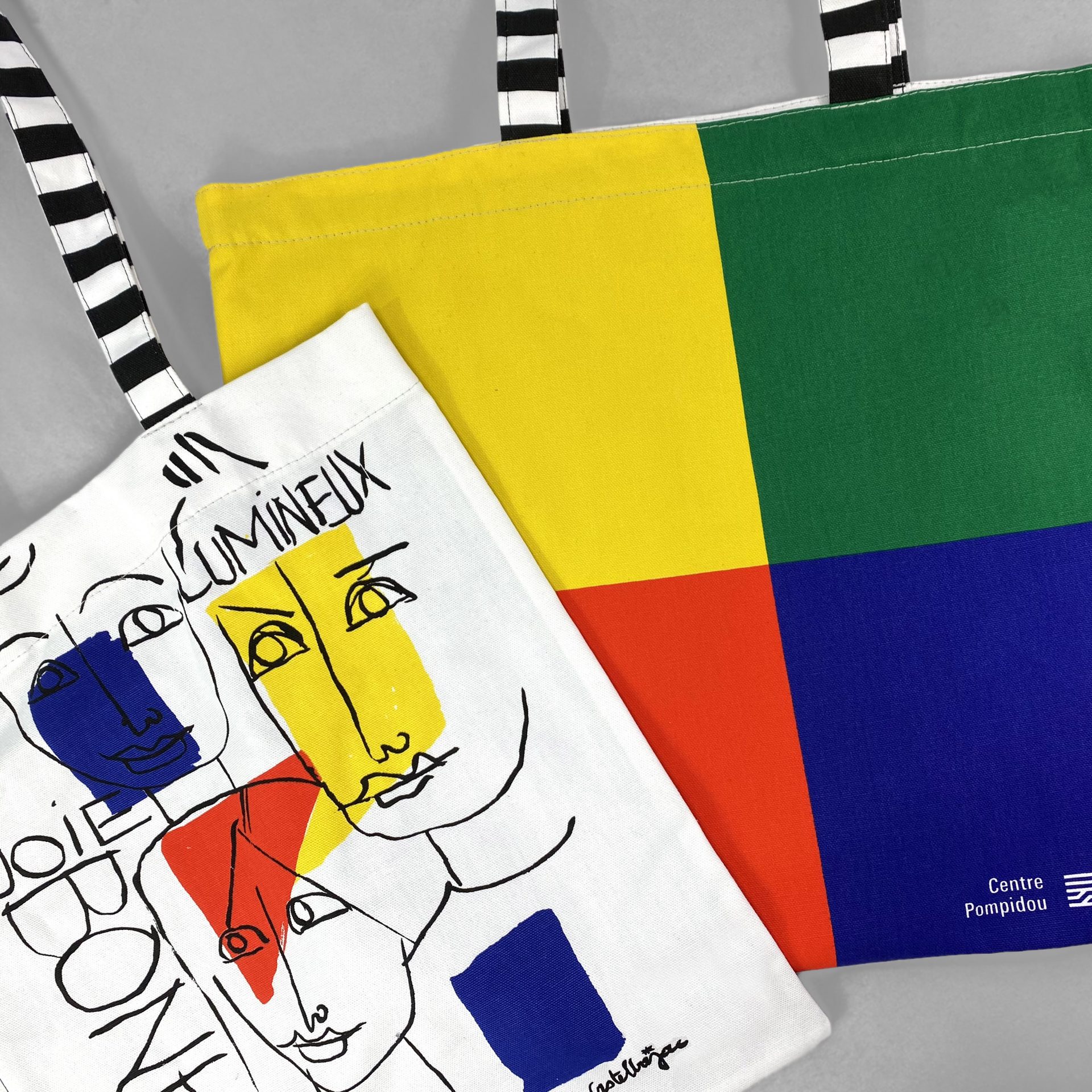 Screen printed tote bags for the new collection for the Pompidou by Jean-Charles de Castelbajac made by Paul Bristow