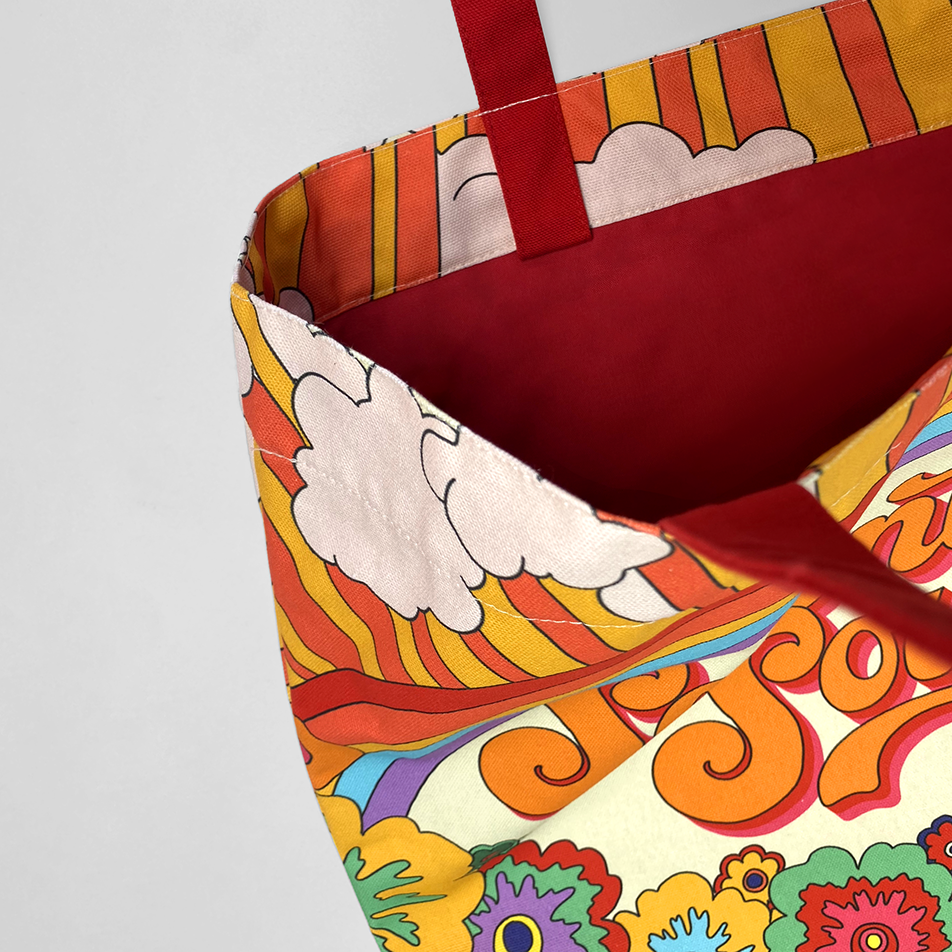 70s house digitally printed tote bag with dyed fabric handles closeup